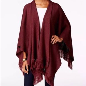 Oversized fringe trim plum poncho warm and cozy